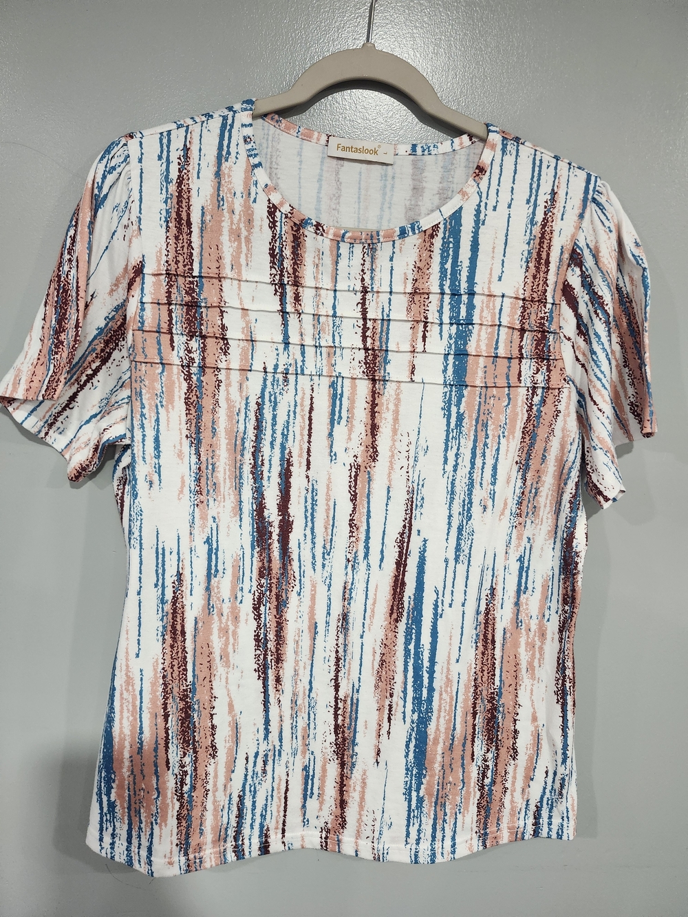 Women's Short Sleeve Stripe-Print Top in White, Blue & Peach